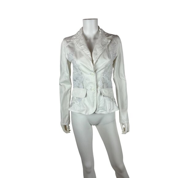 Together Jackets & Blazers - Together White Denim Jacket Small 6 Floral Inset Lace Cotton Spring Blazer